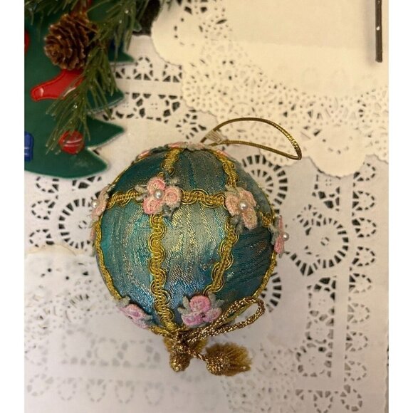 Vintage Handmade Christmas Ball Ornament Turquoise Embroidered Organza Pink Flow - Picture 1 of 4